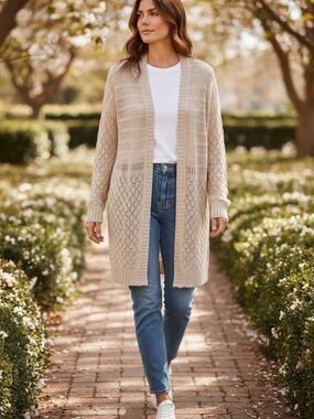 Marled Cream Knit Open-Front Cardigan